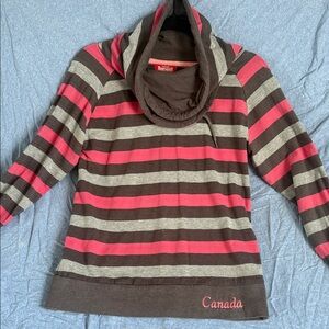 Northern Cowl Neck Sweater - Pink, Gray, and Brown Stripes
